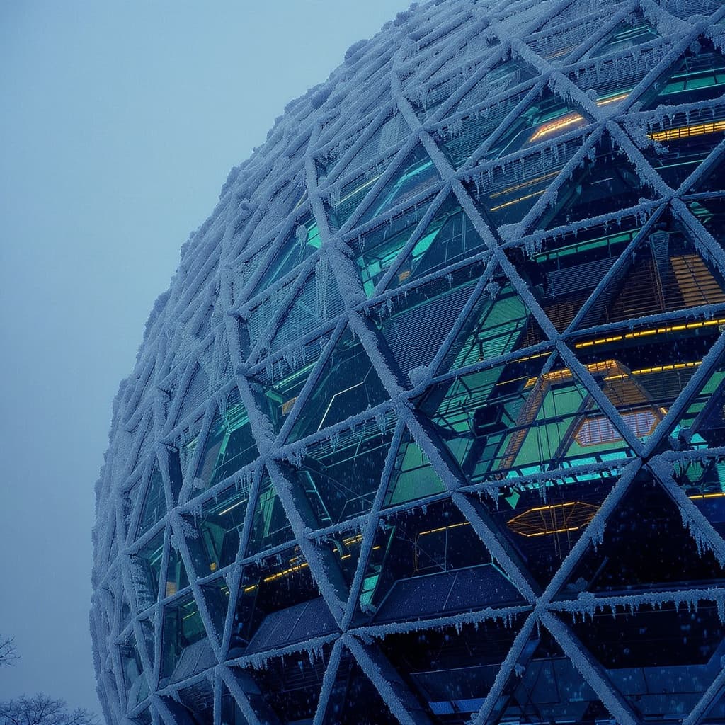 Glass dome panels with frost patterns on the exterior, backlit by warm interior light
