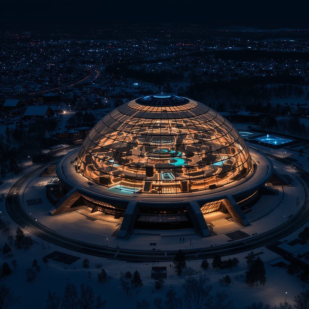 Aerial view of Everbloom glass dome community glowing at night in a winter landscape