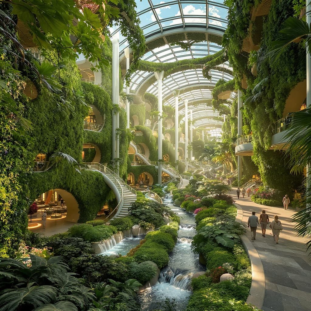 Interior promenade with tropical plants and soft natural light beneath an arched glass canopy